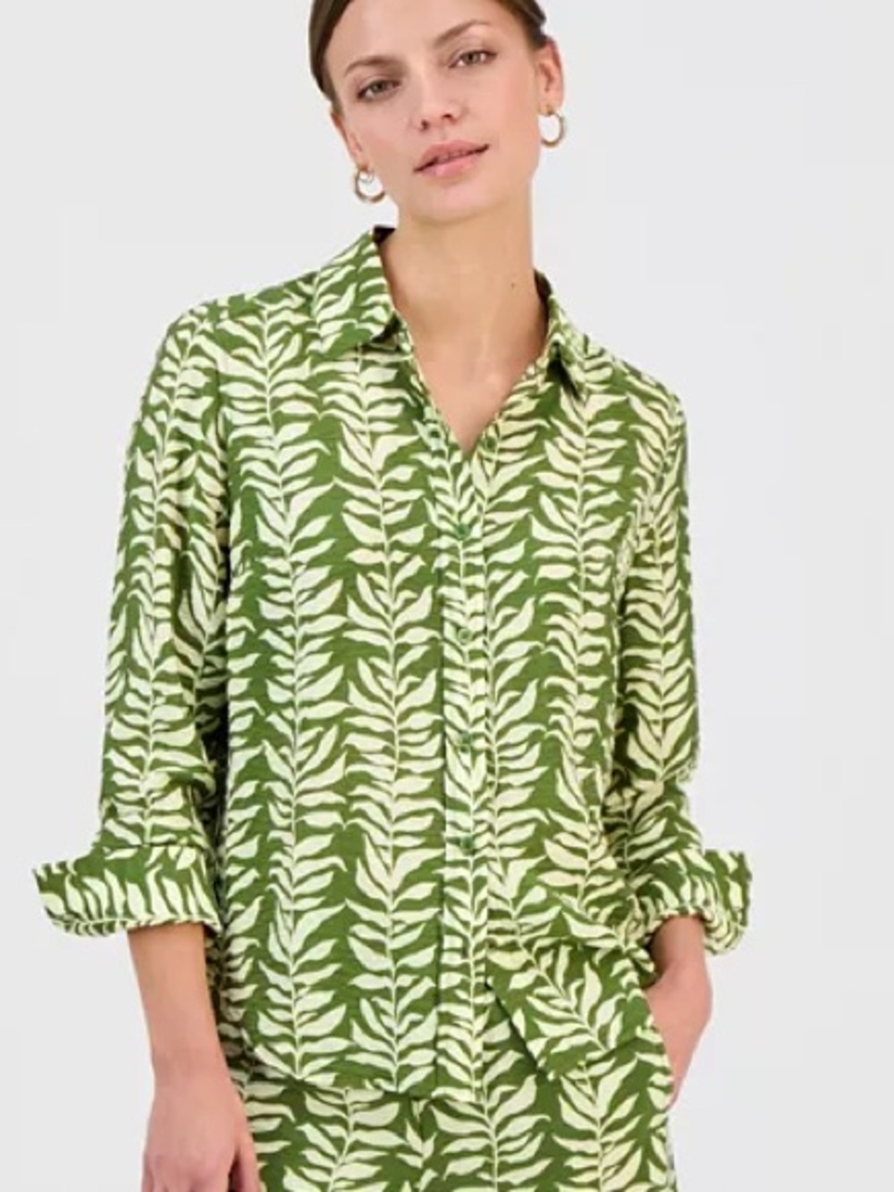 INC International Concepts Tropical Long-Sleeve Button-Front Blouse Top SZ M